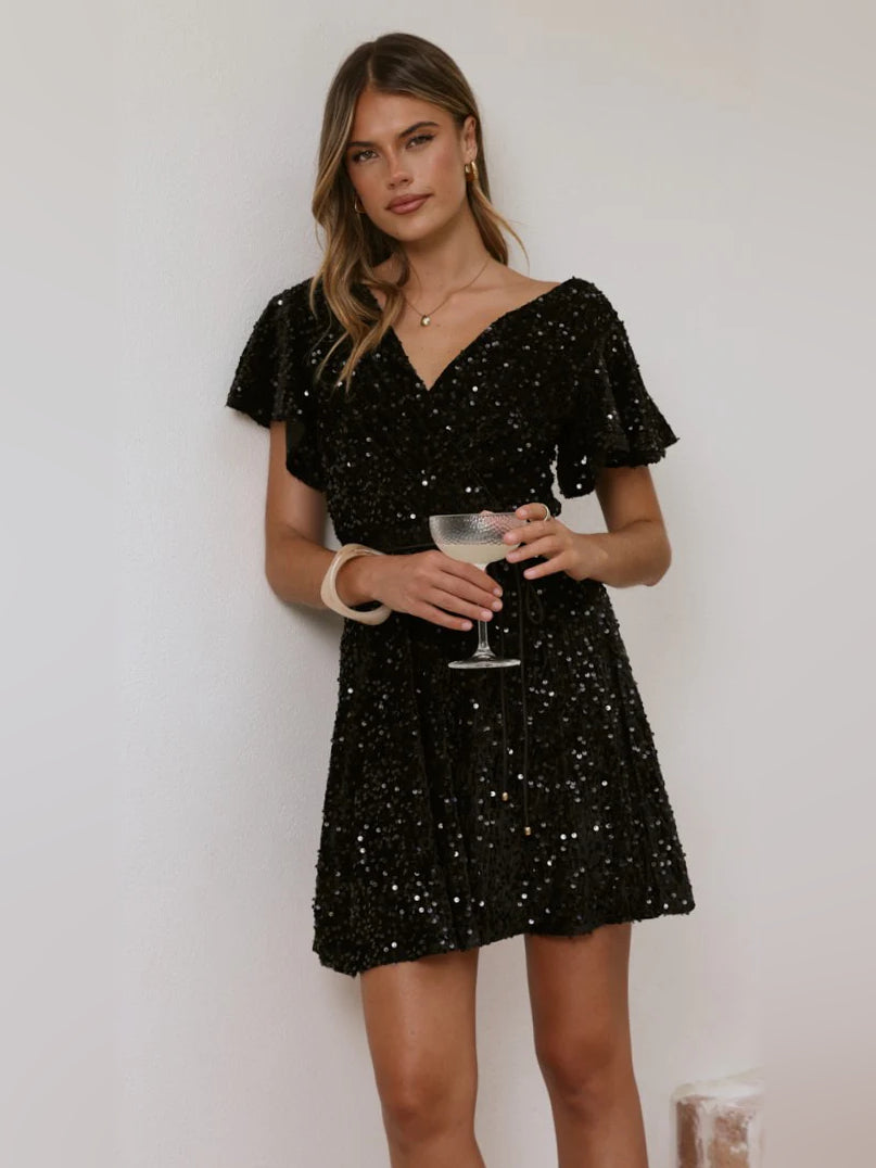 Black mini homecoming dress, alternate view showing the overall dress design