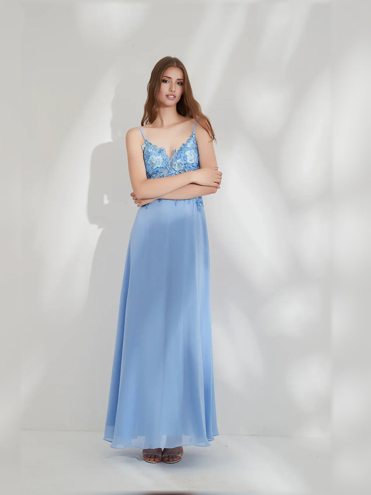 Blue a-line floor-length formal dress with draping, alternate view showing the waist