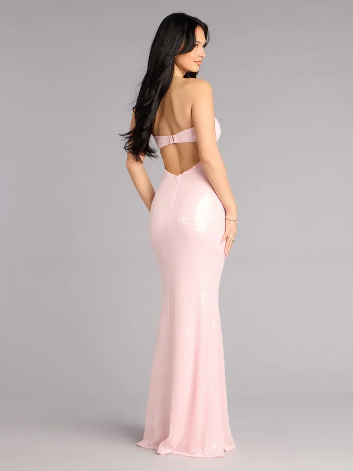 Light Blue mermaid floor-length formal dress with sequins, alternate view showing the waist