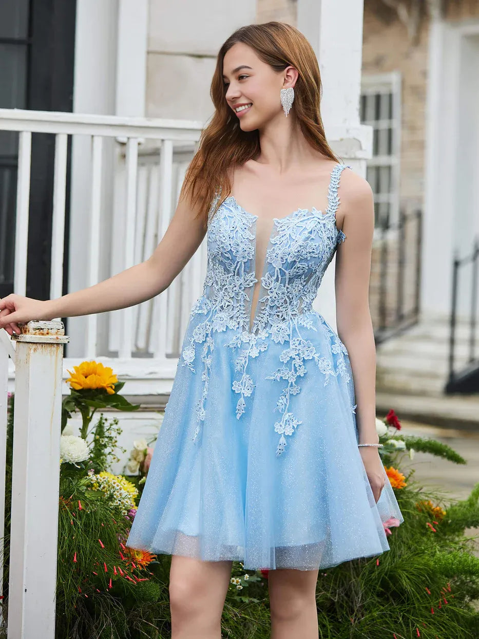 Light Blue mini homecoming dress, alternate view showing the overall dress design