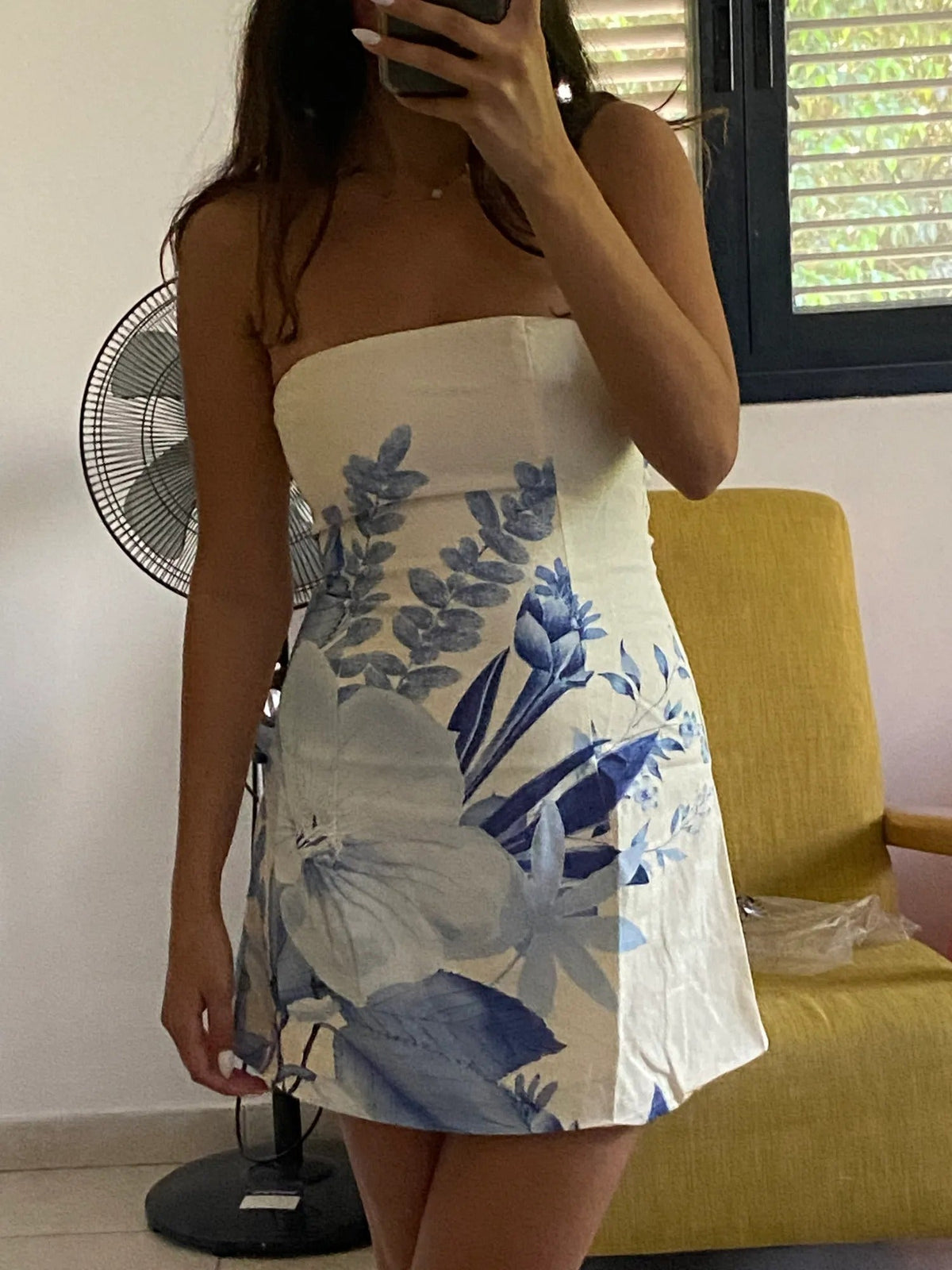 Blue Floral mini homecoming dress, alternate view showing the overall dress design