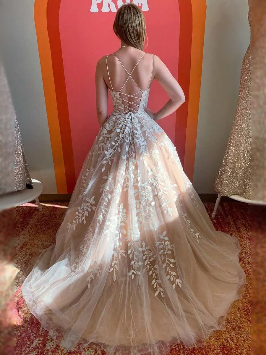 Apricot maxi prom dress, back view showing the rear of the dress from another angle