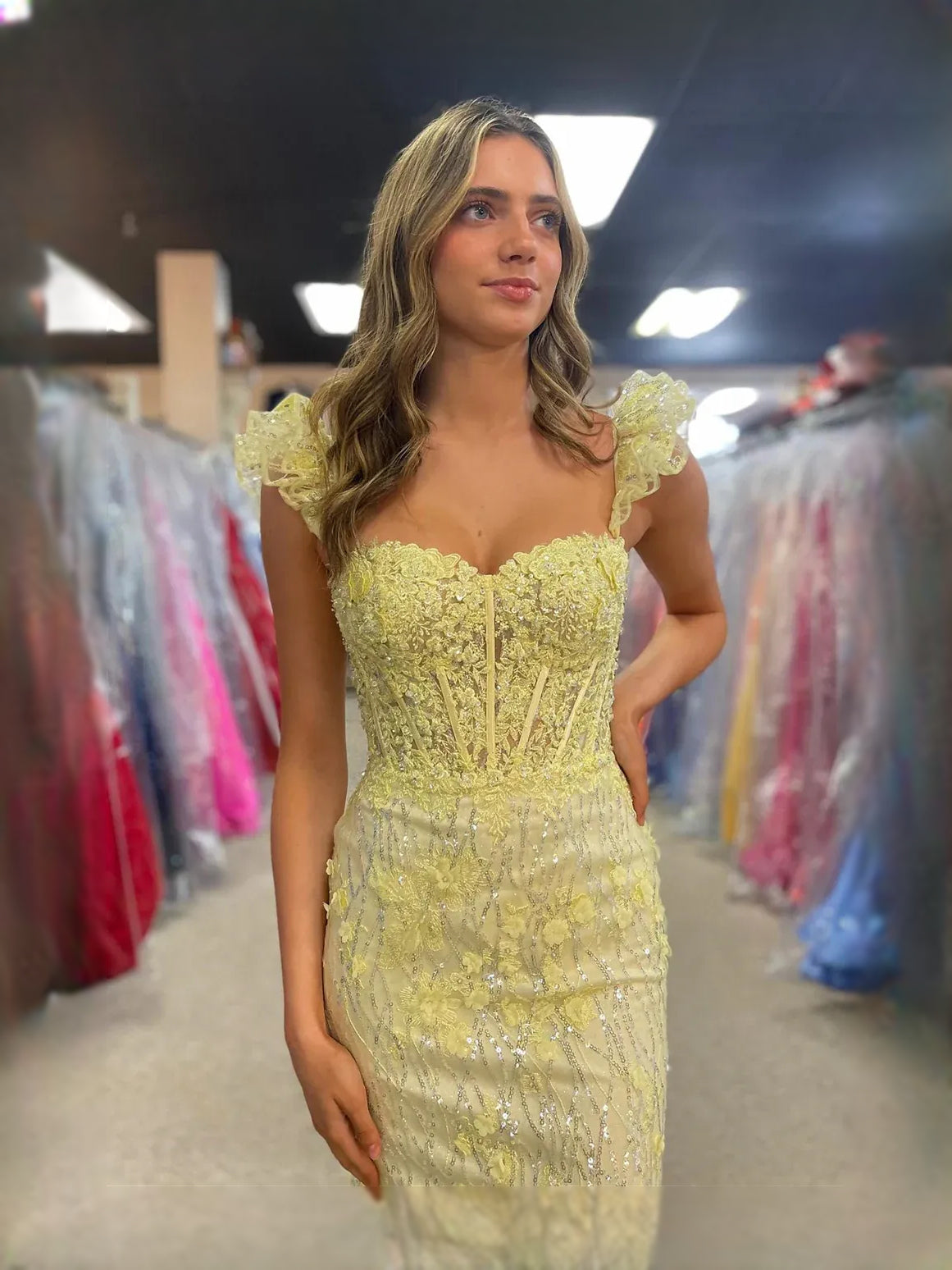 Yellow maxi prom dress, alternate view showing the overall dress design