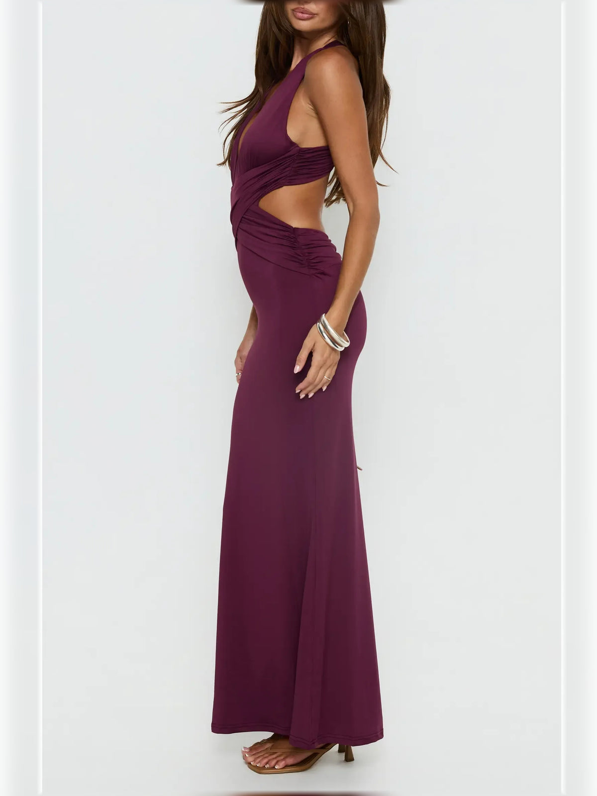 Purple mermaid floor-length formal dress with cutout detail, alternate view showing the waist