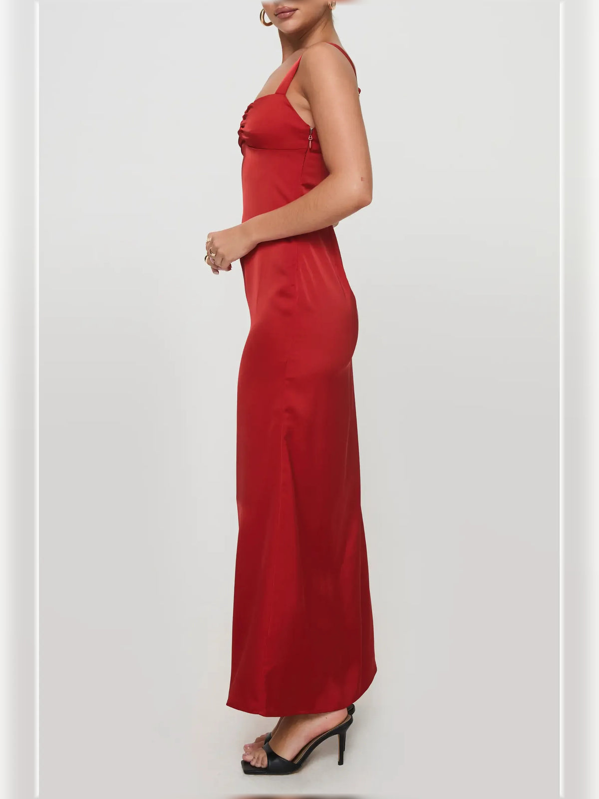 Red midi formal dress with draping, alternate view showing the waist