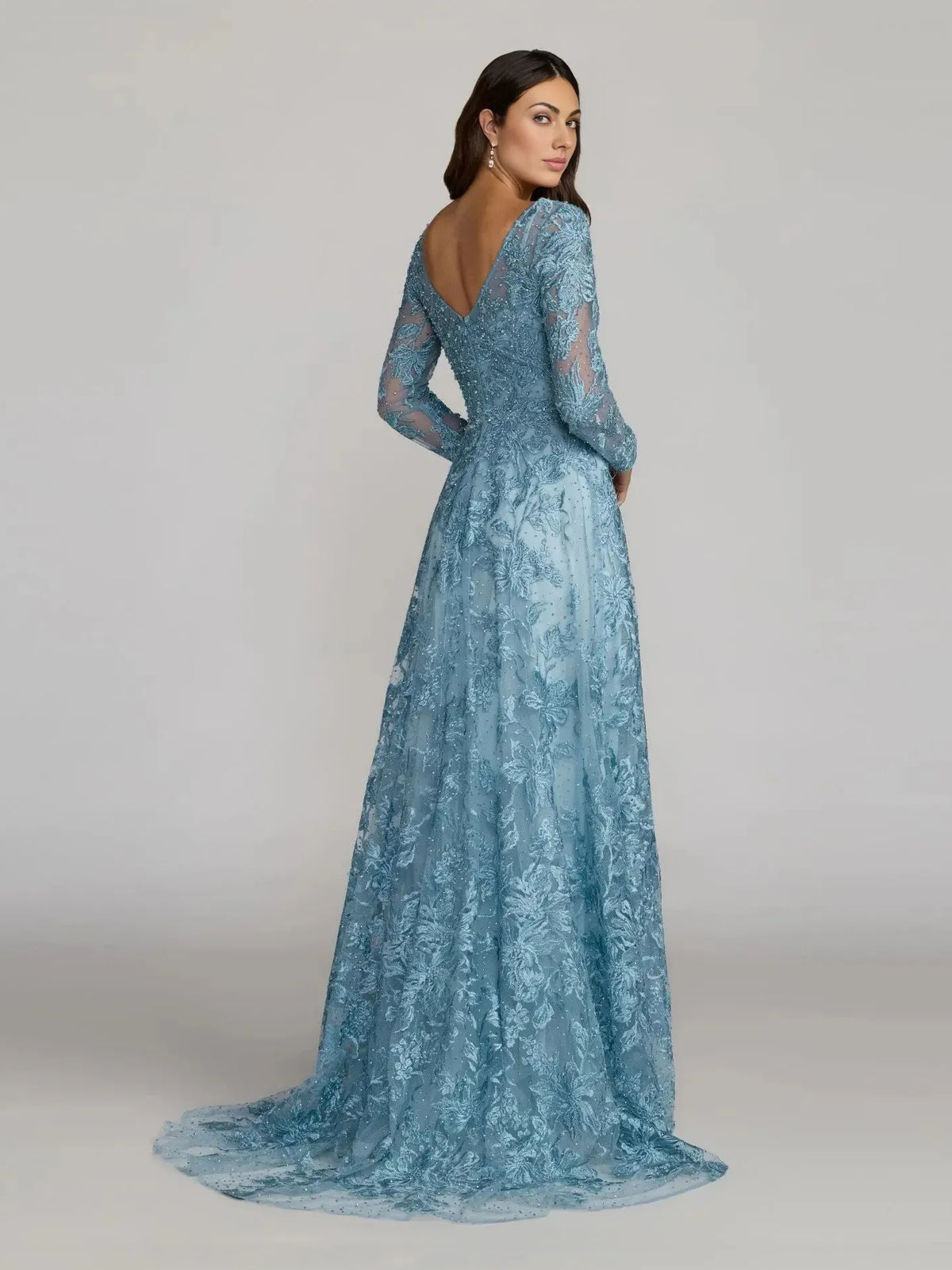 Champagne a-line floor-length formal dress with floral print, alternate view
