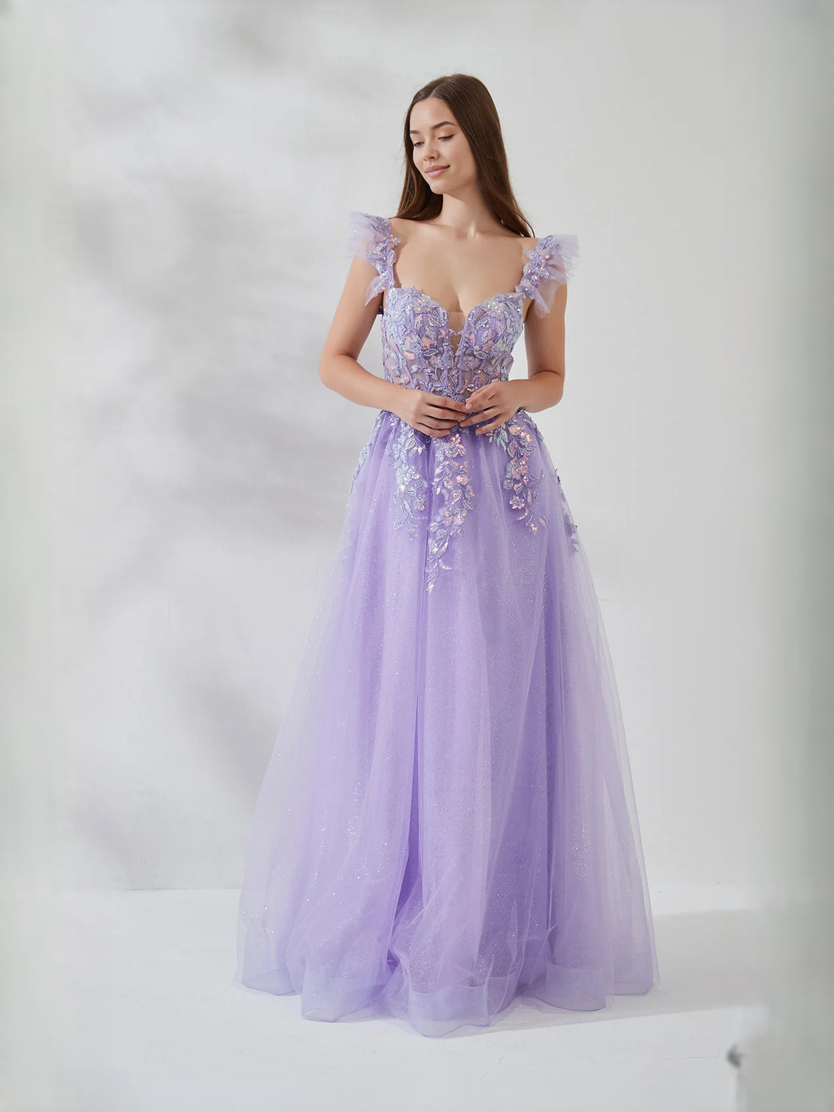 Lavender floor-length prom dress, alternate view showing the overall dress design