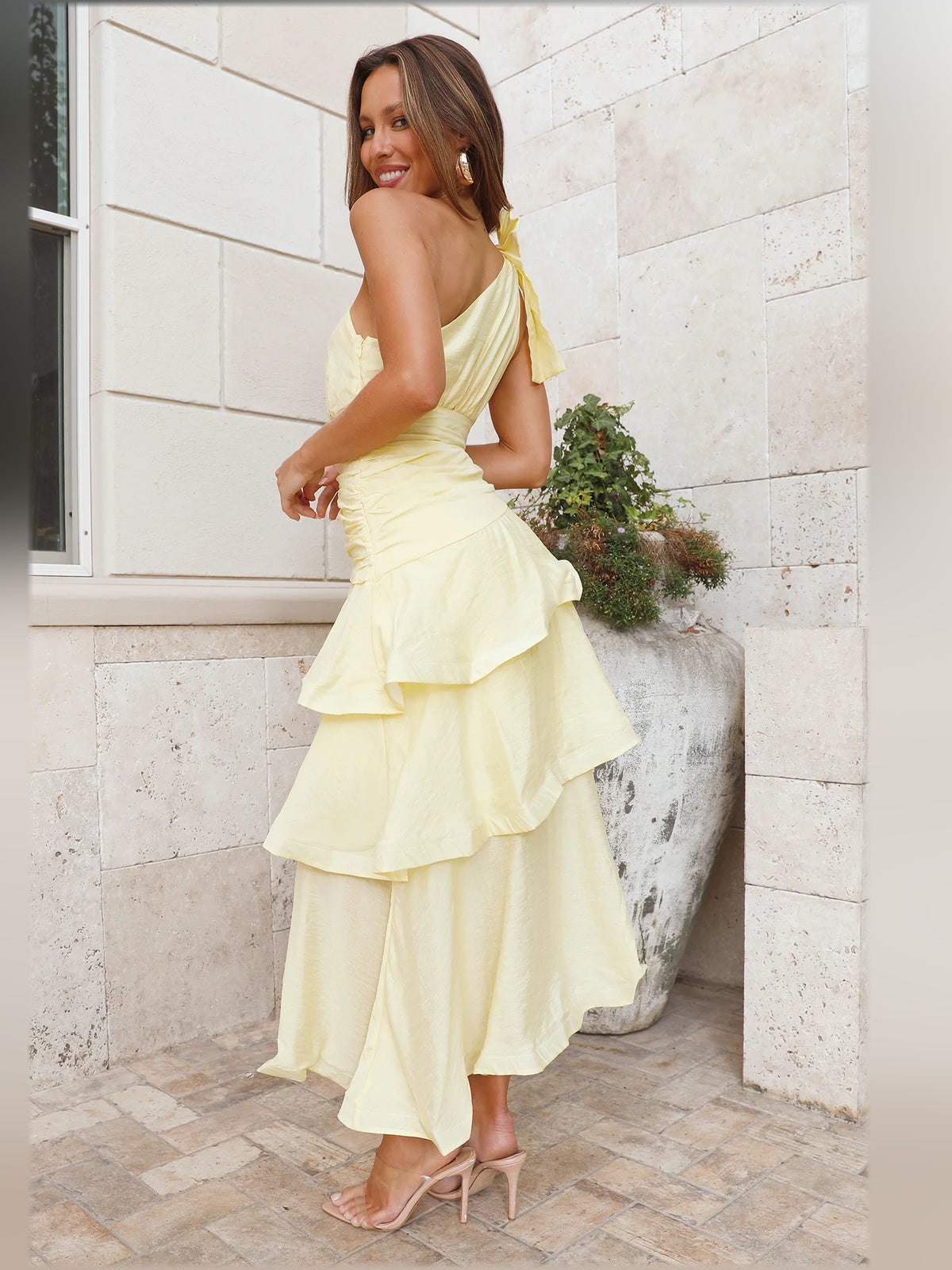 Yellow midi formal dress with one-shoulder neckline, alternate view showing the waist