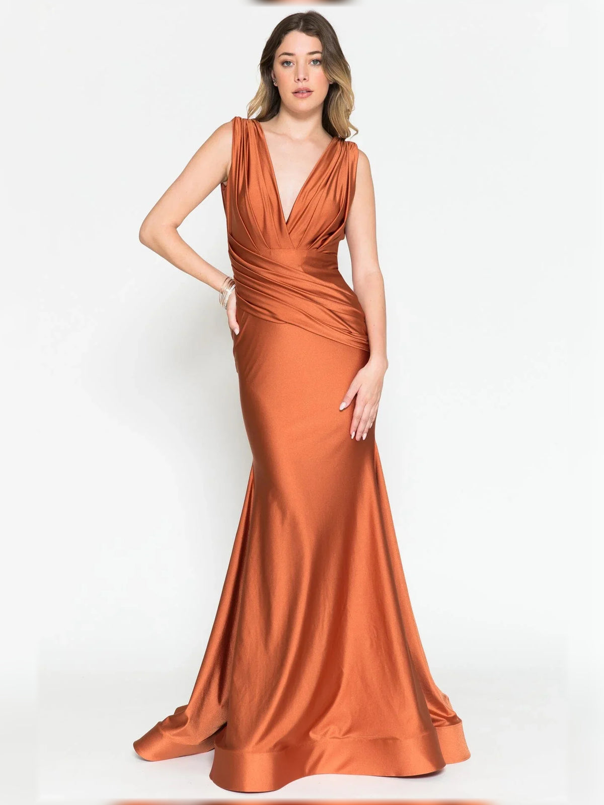 Navy Blue mermaid floor-length formal dress with ruching, alternate view showing the waist