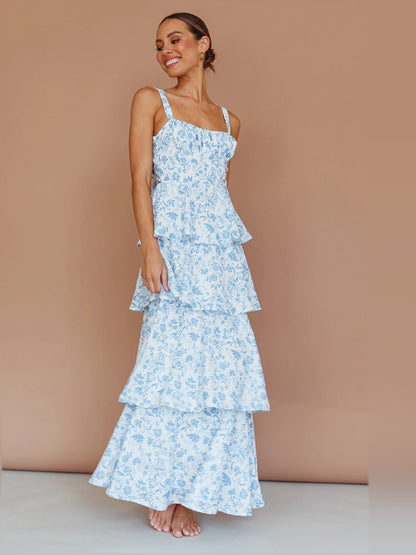Blue midi formal dress with tiered skirt, alternate view showing the waist