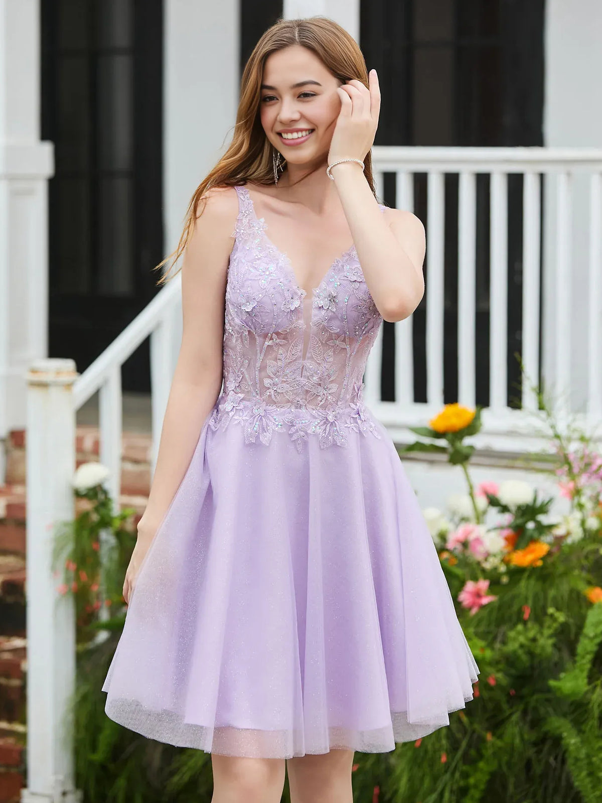 Lilac knee-length homecoming dress, alternate view showing the overall dress design