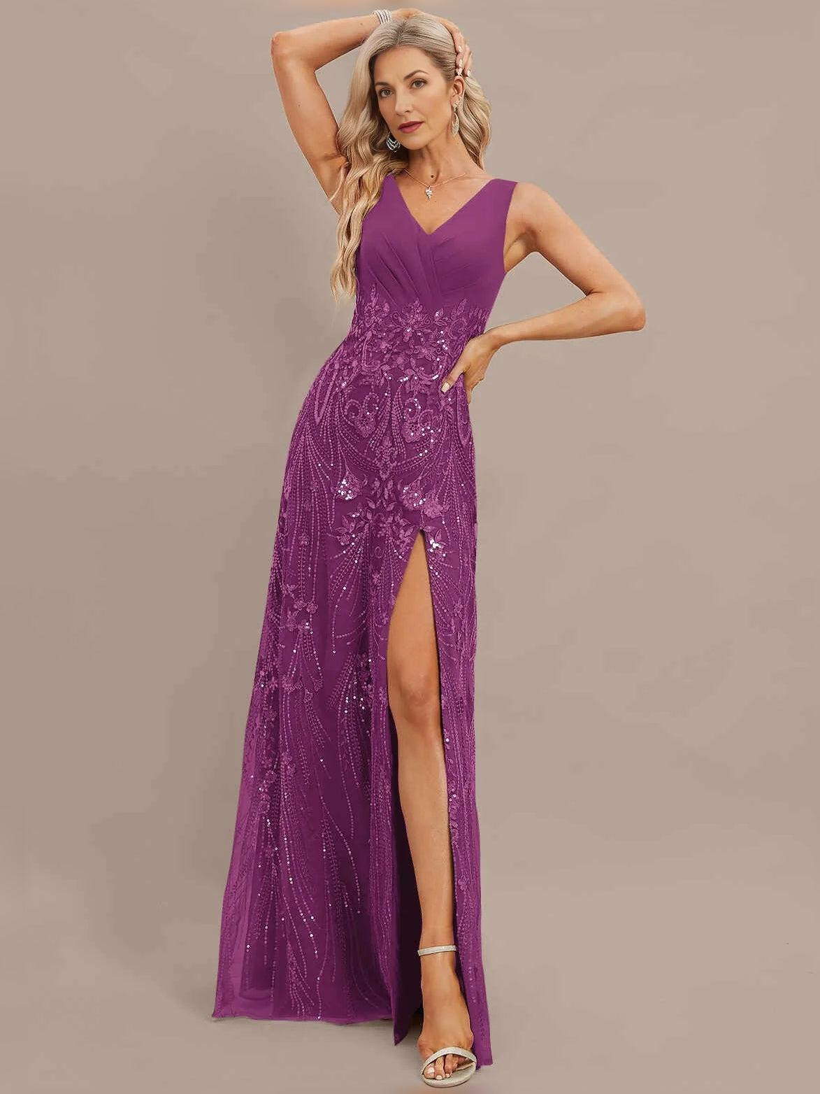 Eggplant maxi mother of the bride dress, alternate view showing the overall dress design