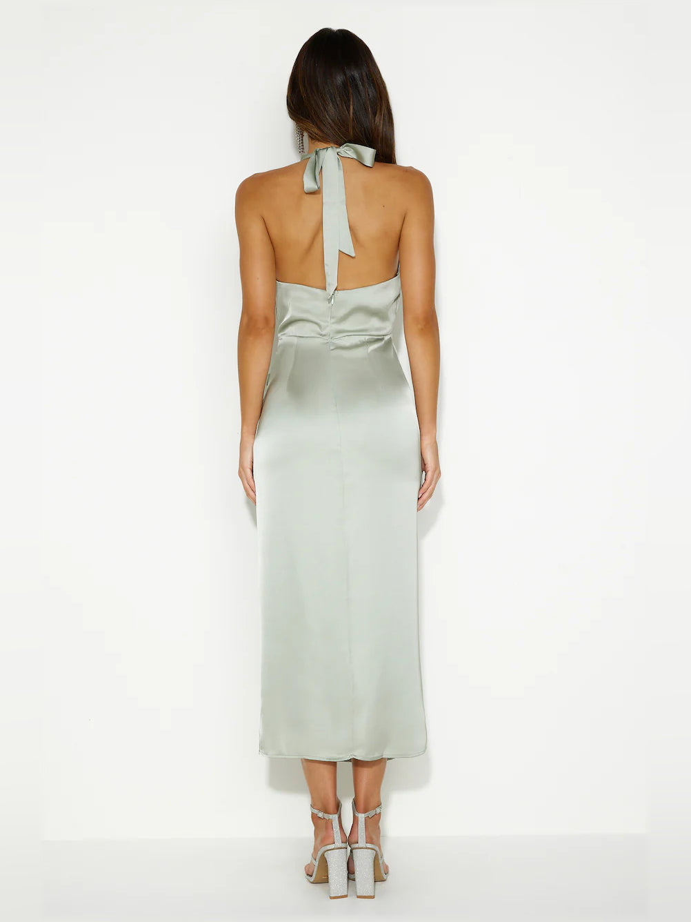 Sage midi formal dress, alternate view showing the waist