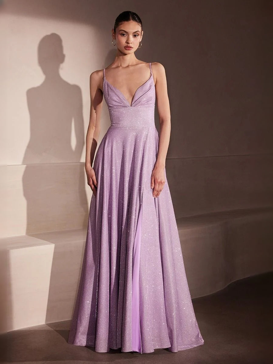 Lavender floor-length prom dress, front view showing the a-line silhouette