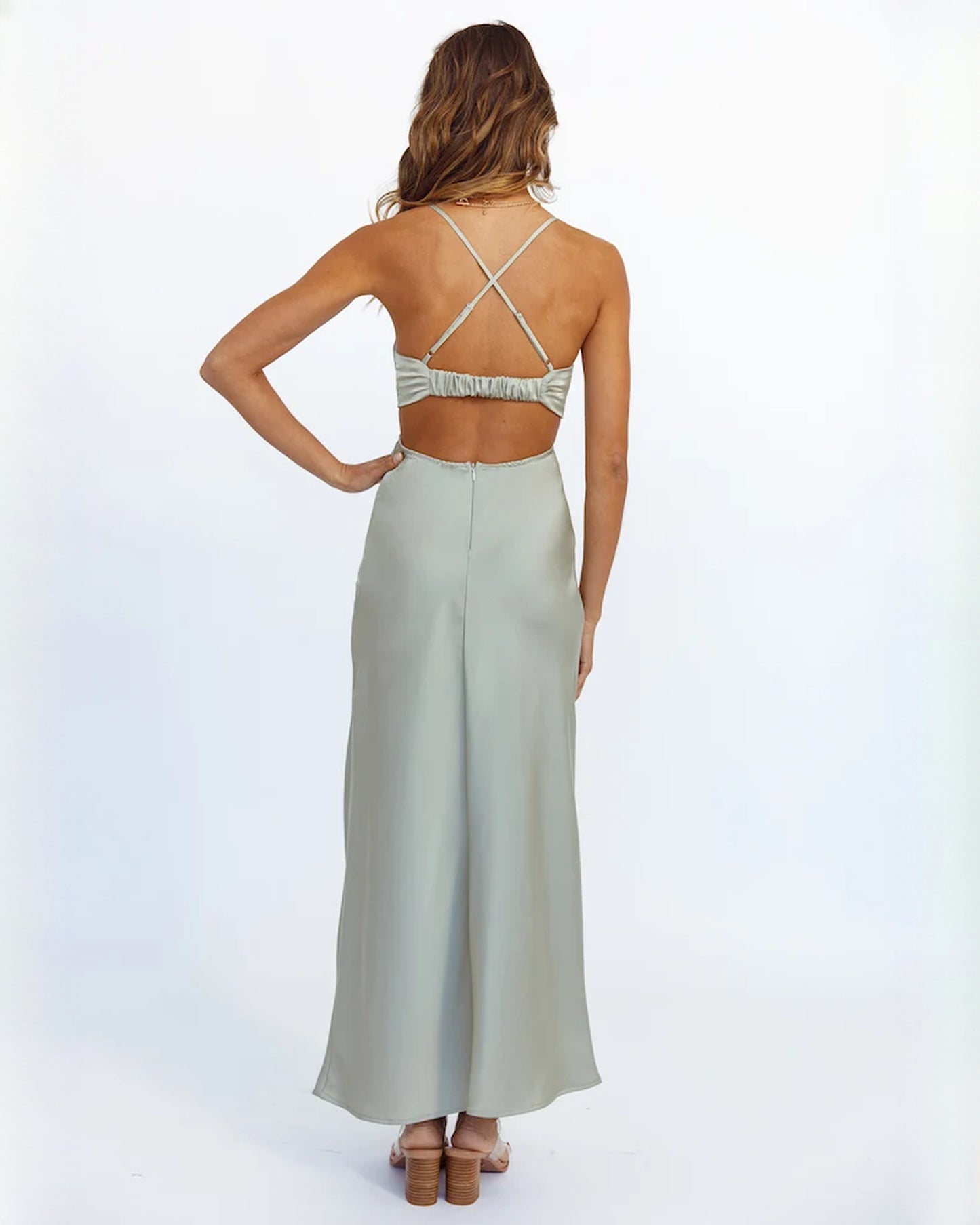 sleeveless satin a-line maxi bridesmaid dress - image 4