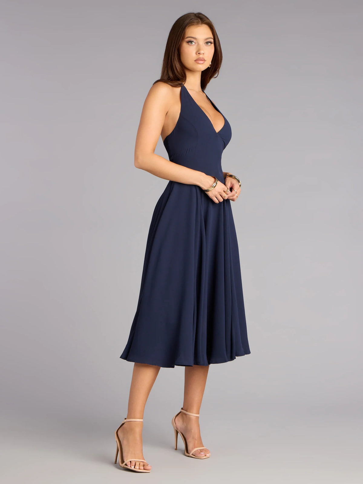 Blue midi formal dress, alternate view showing the waist