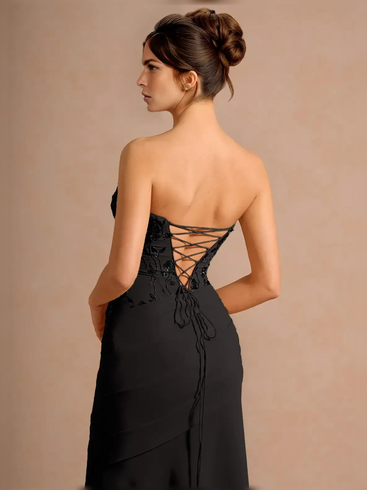 Black sheath midi formal dress with ruching, alternate view