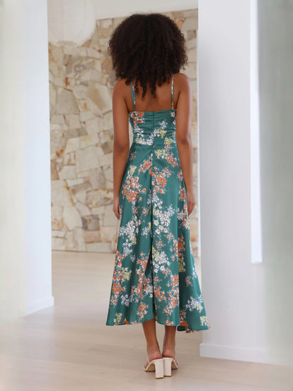 Green Floral midi formal dress with floral print, alternate view showing the waist