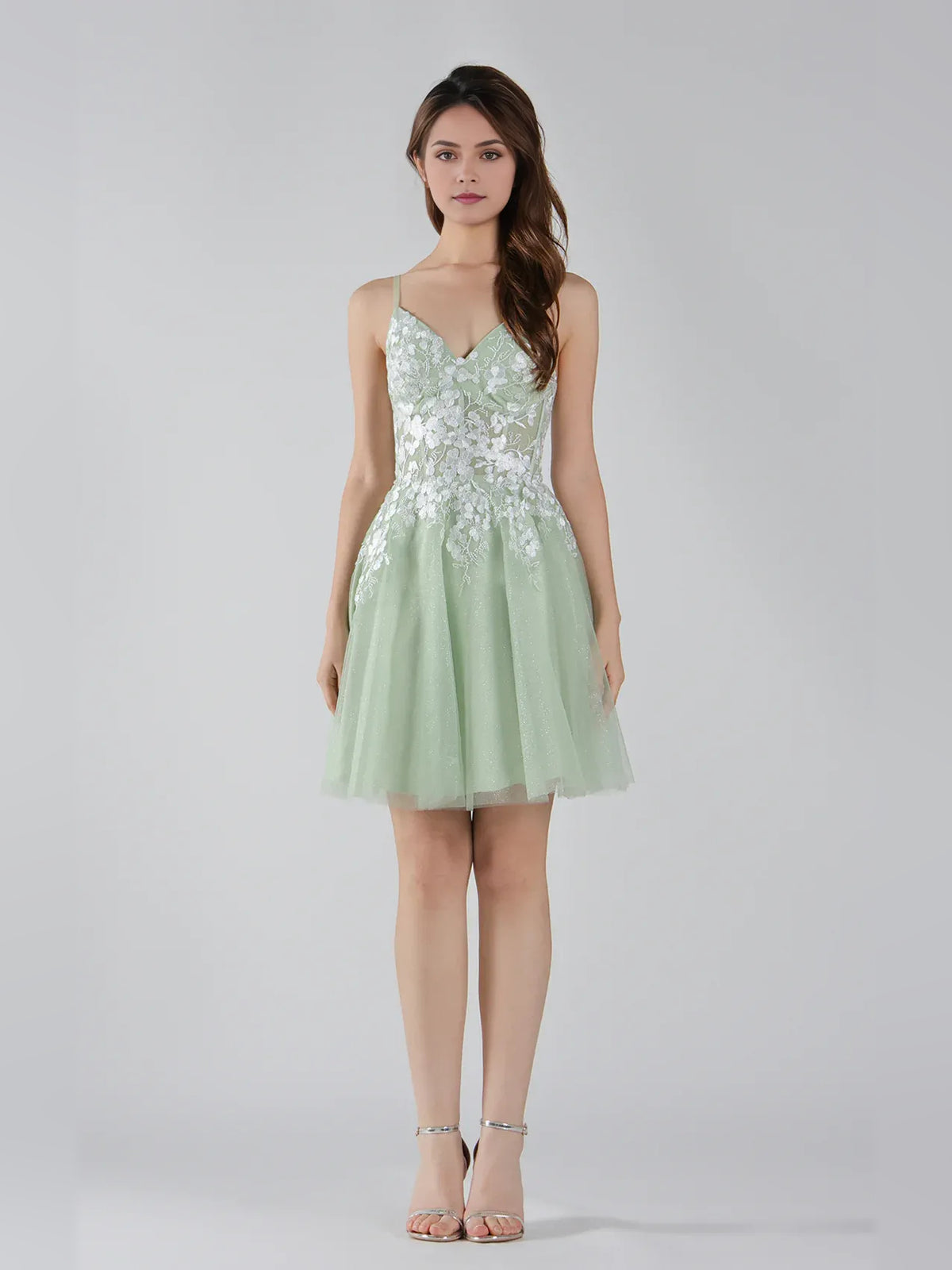 Sage Green mini homecoming dress, alternate view showing the overall dress design