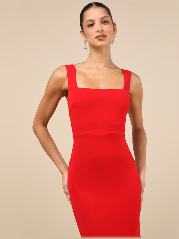 Red midi formal dress with square neckline, alternate view showing the waist