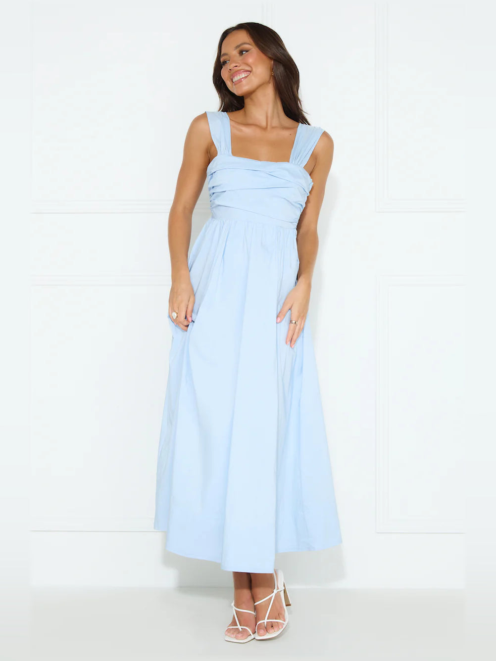 Blue midi formal dress, alternate view showing the waist