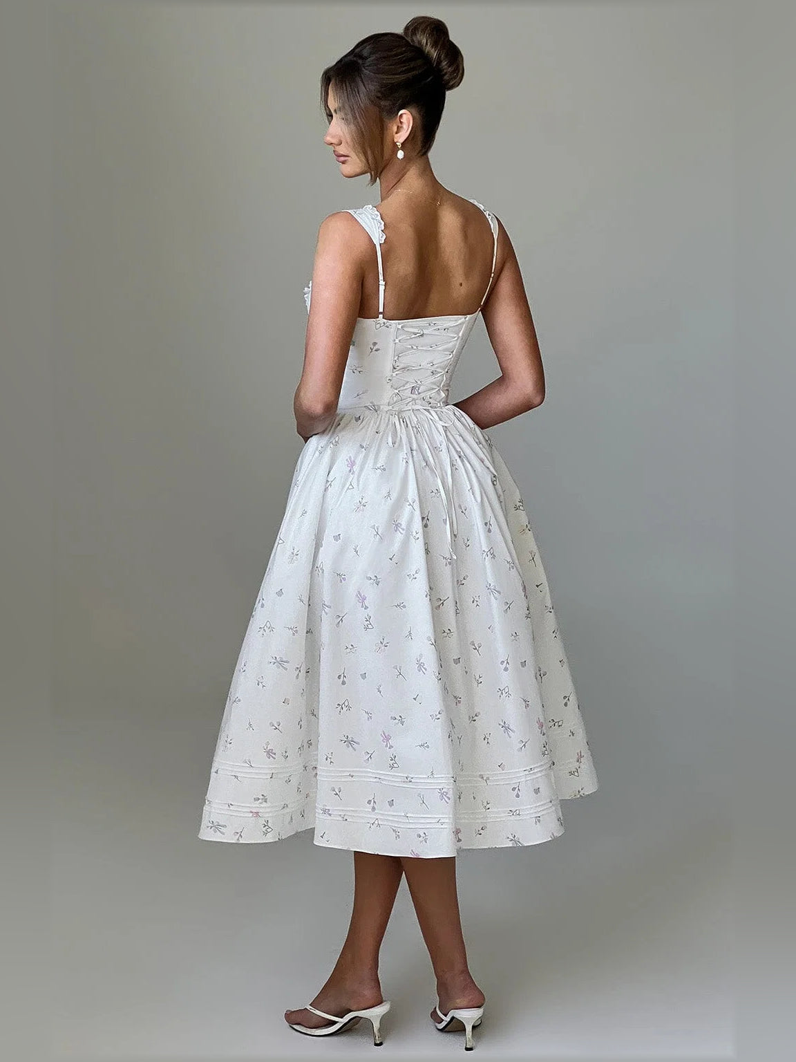 Floral midi formal dress with floral print, alternate view showing the waist