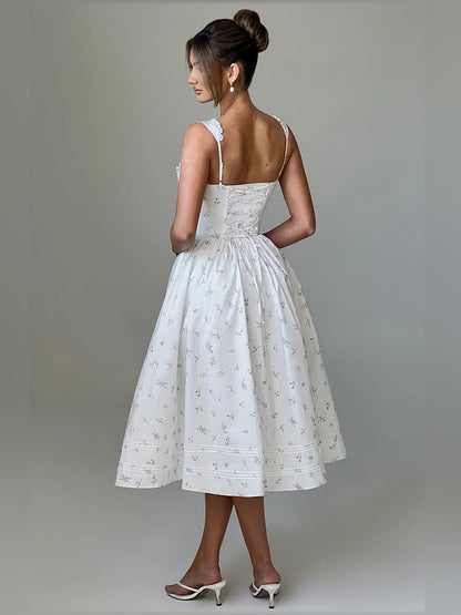 Floral midi formal dress with floral print, alternate view showing the waist