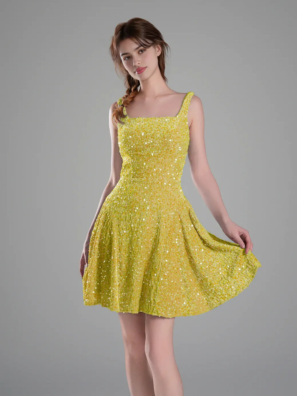 Lemon mini homecoming dress, alternate view showing the overall dress design