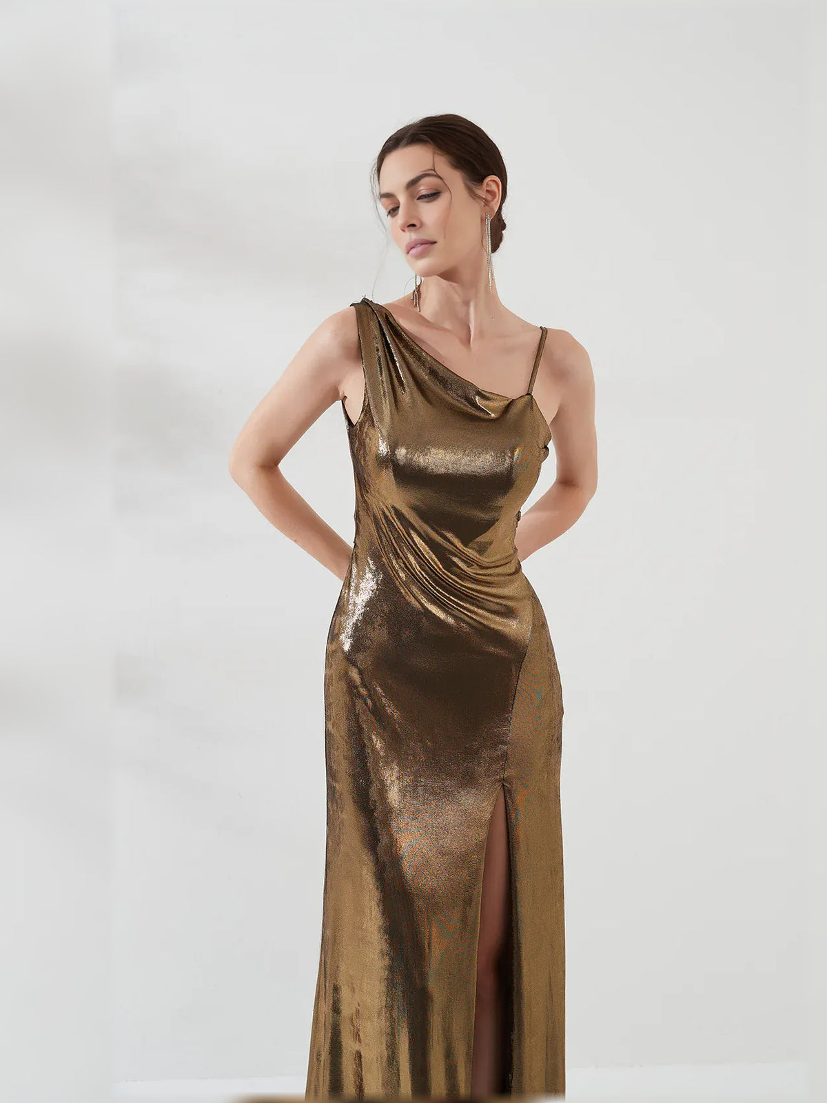Gold mermaid floor-length formal dress with draping, alternate view showing the waist
