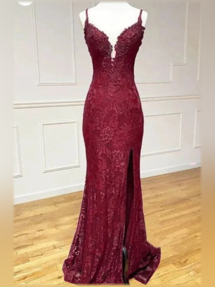 Burgundy mermaid floor-length formal dress with beading, alternate view