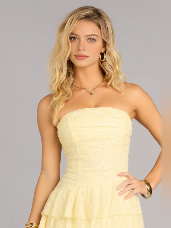 Yellow mini homecoming dress, alternate view showing the overall dress design
