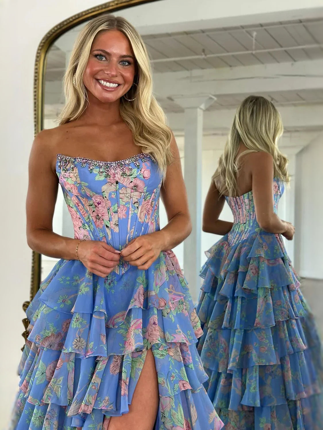 Teal maxi prom dress, alternate view showing the overall dress design