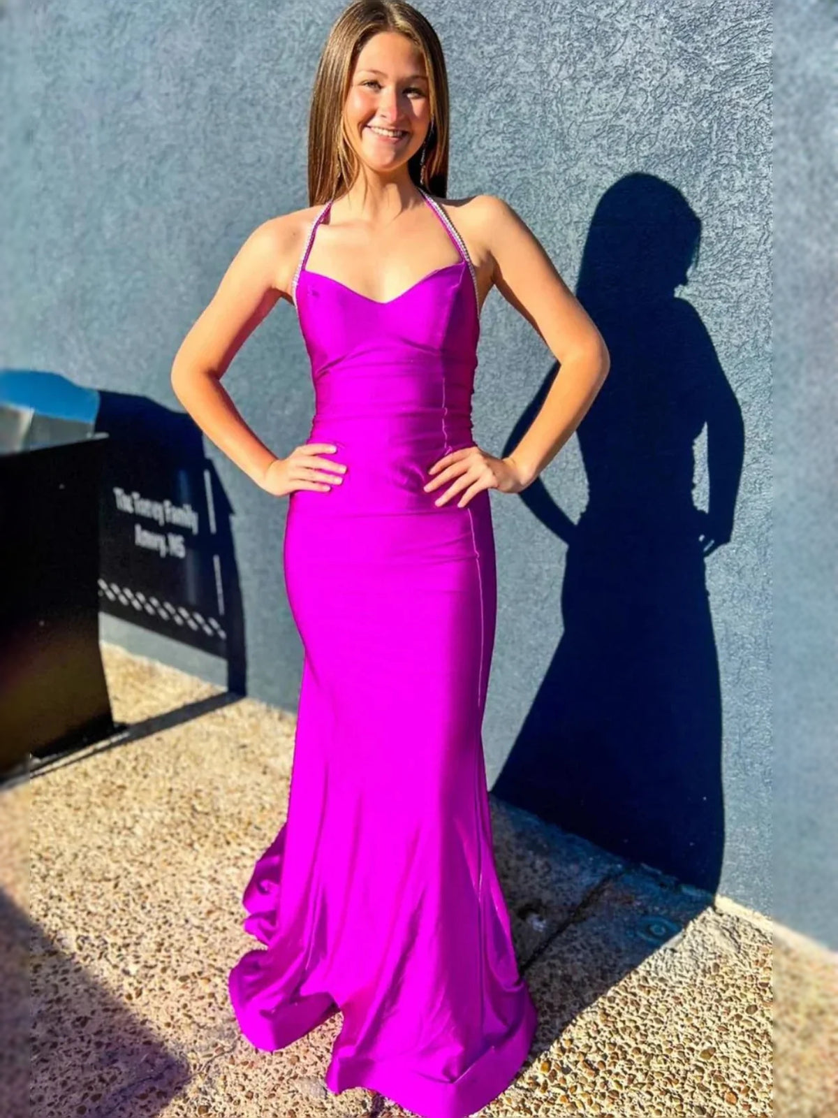 Magenta floor-length prom dress, alternate view showing the overall dress design