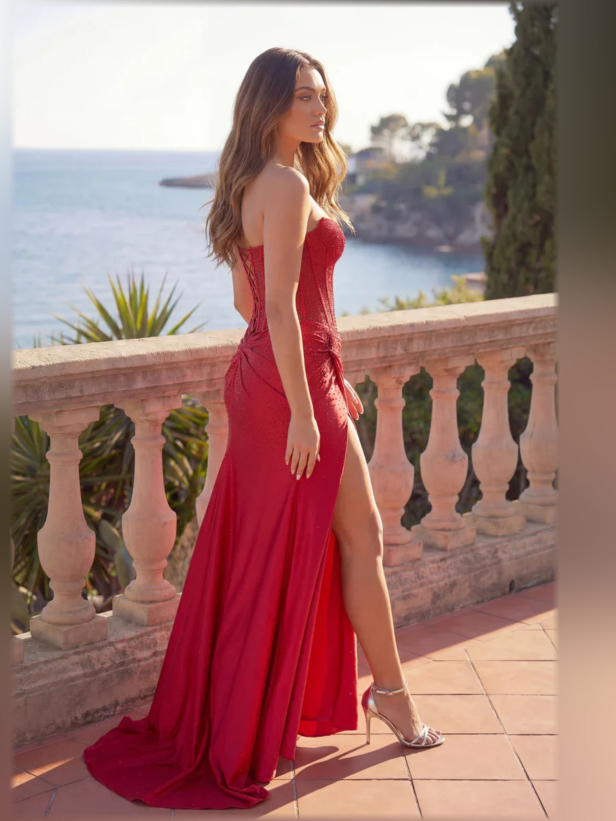Red mermaid floor-length formal dress with skirt slit, alternate view