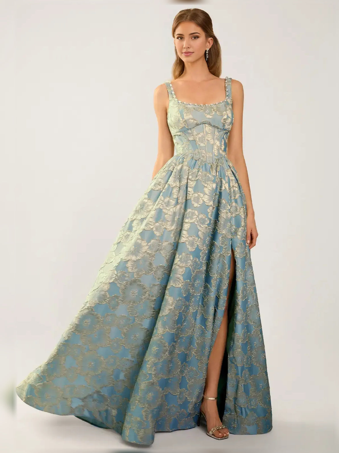 As Picture a-line floor-length formal dress with floral print, alternate view