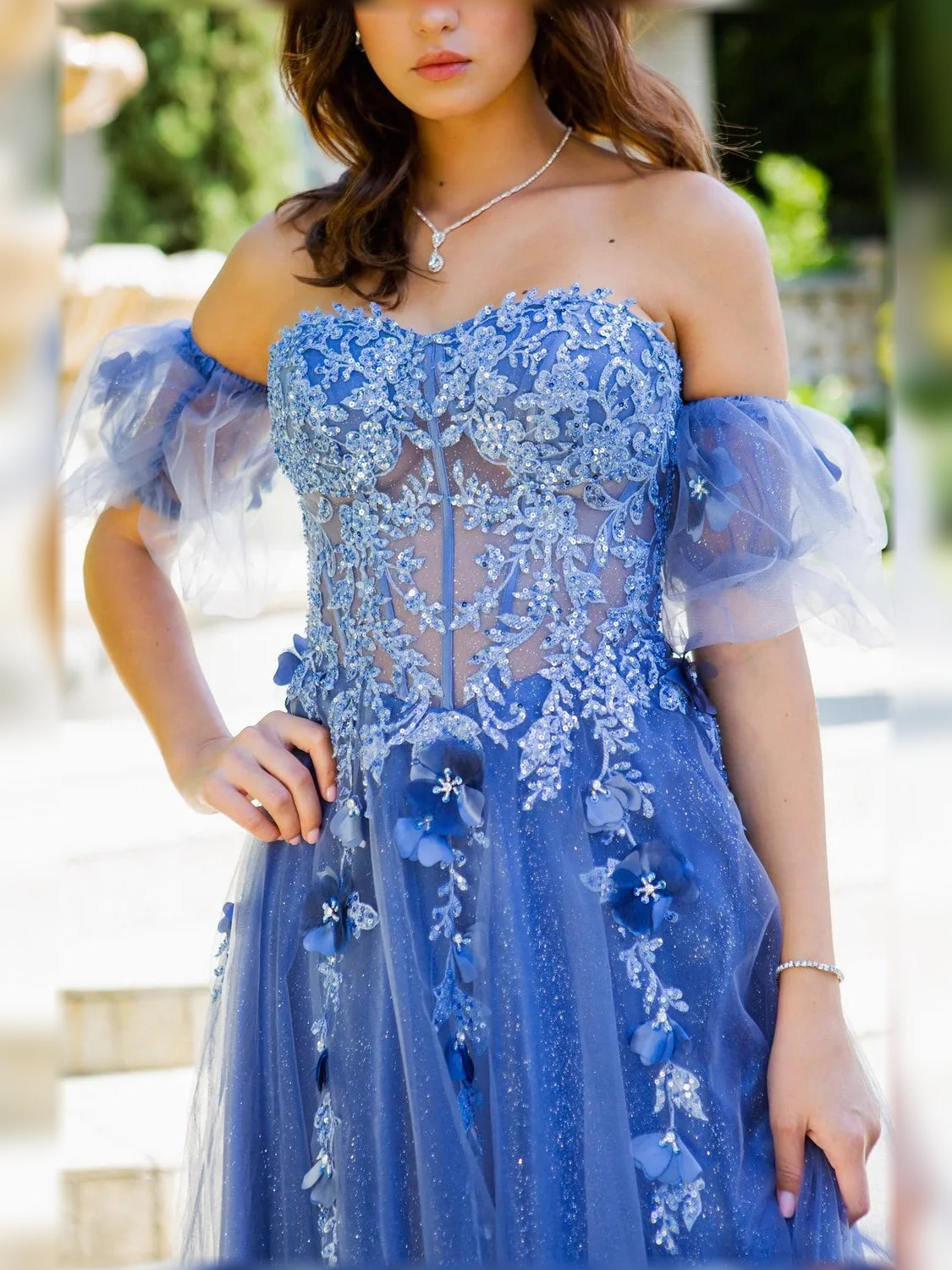 Blue a-line floor-length formal dress with corset-style bodice, alternate view showing the waist