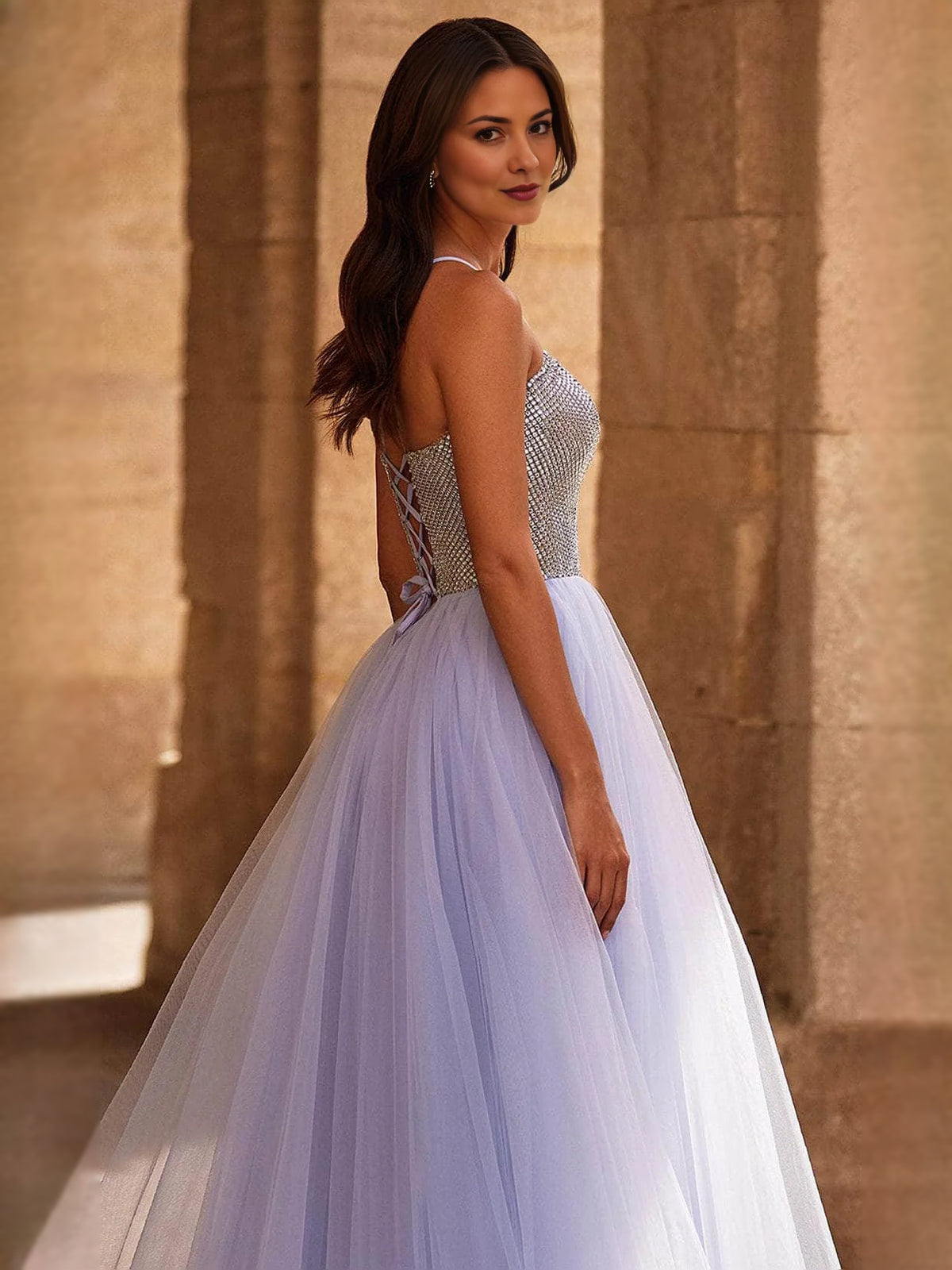 Lavender floor-length prom dress, alternate view showing the overall dress design