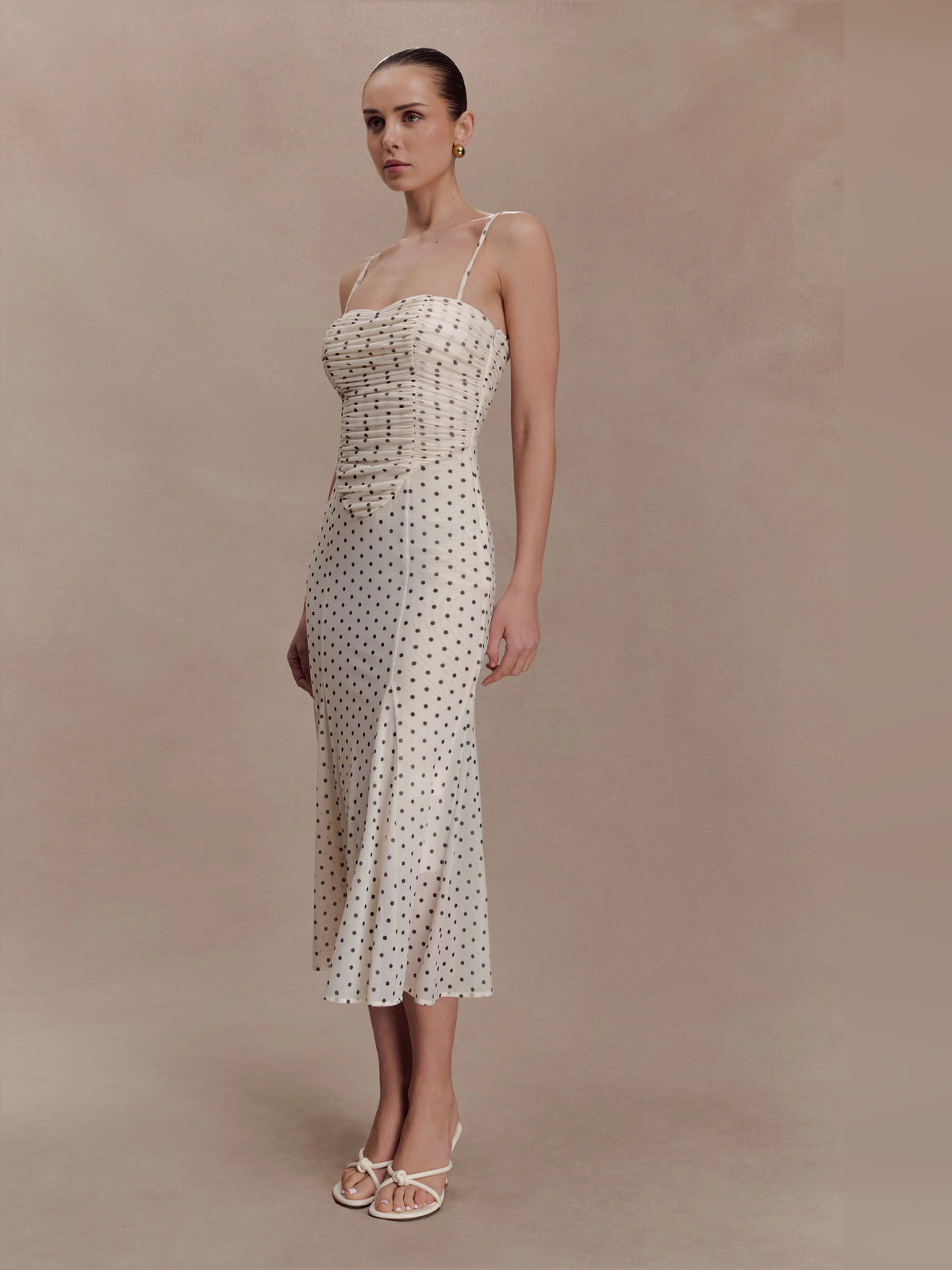 Polka Dot midi formal dress with printed pattern, alternate view showing the waist