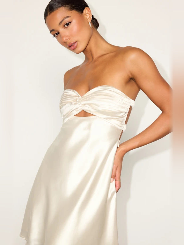 Cream mini homecoming dress, alternate view showing the overall dress design