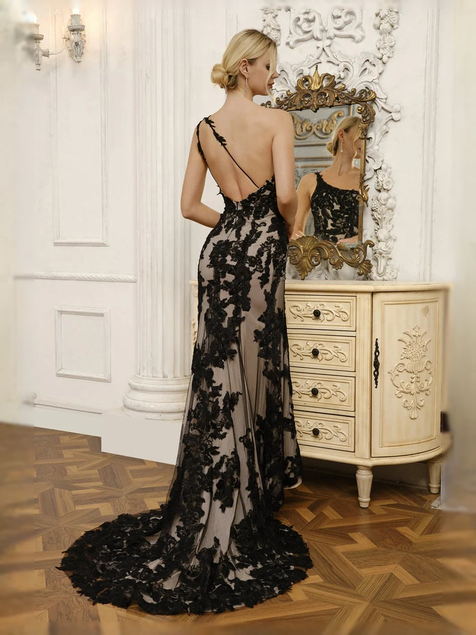 Black floor-length wedding dress, alternate view showing the overall dress design