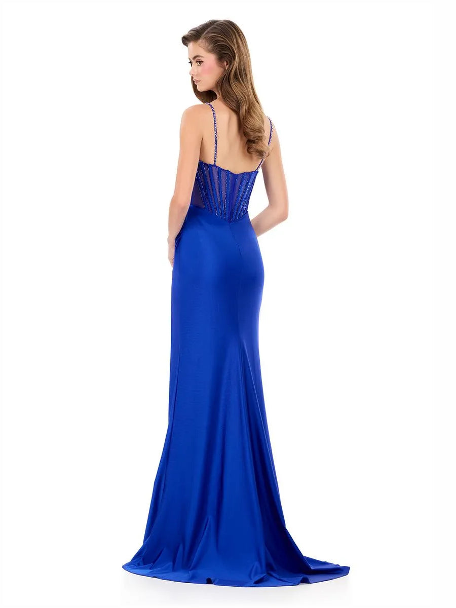 Dusty Sage mermaid floor-length formal dress with corset-style bodice, alternate view