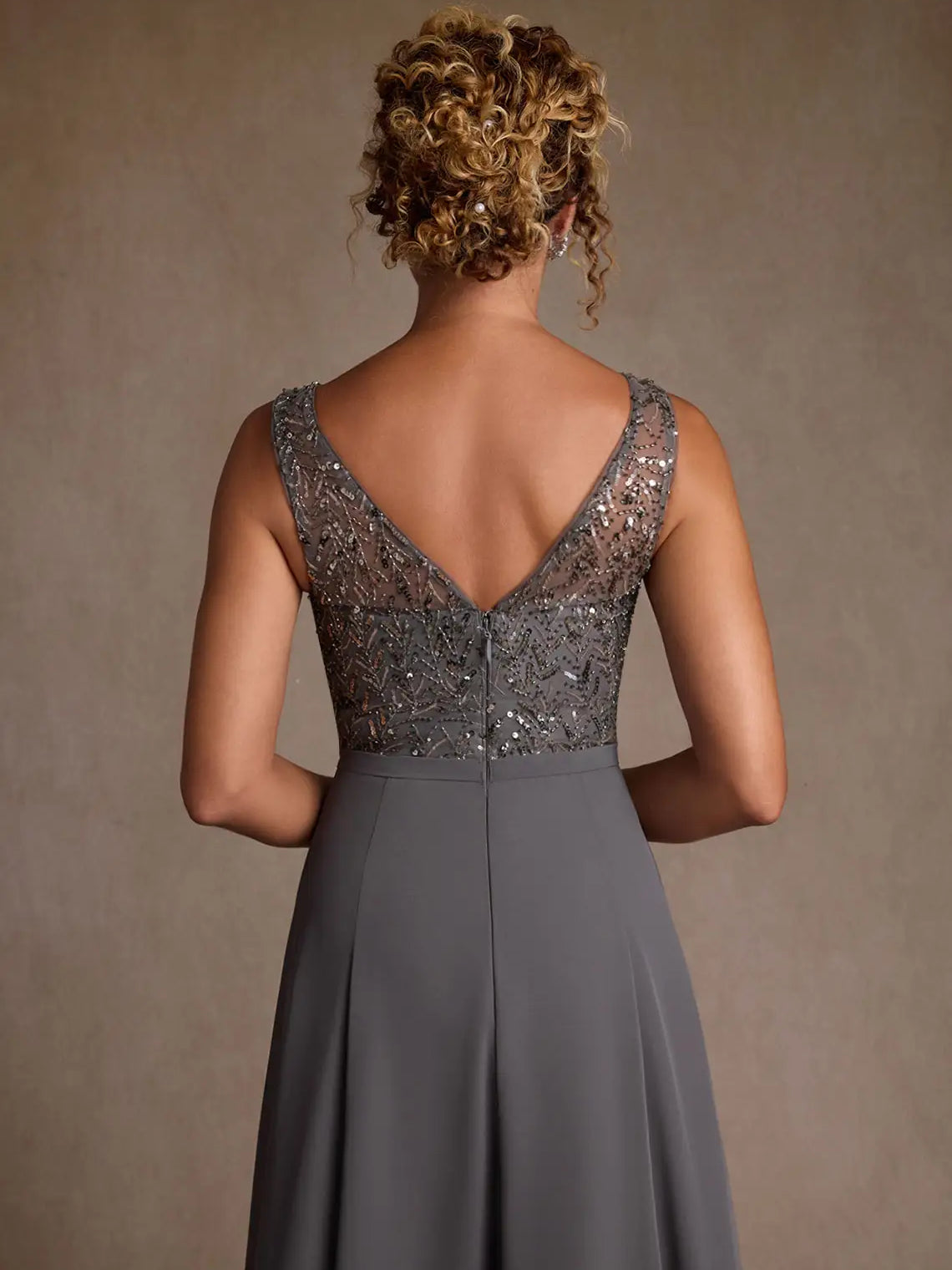 Grey floor-length mother of the bride dress, alternate view showing the overall dress design