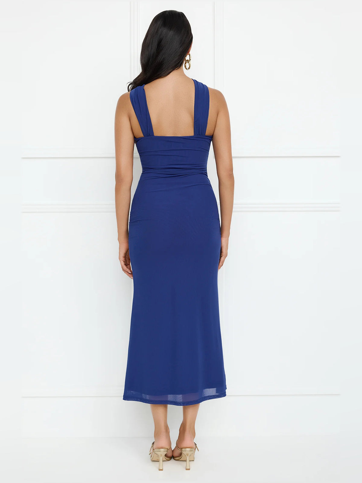 Blue midi formal dress with one-shoulder neckline, alternate view showing the waist