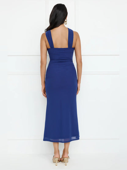 Blue midi formal dress with one-shoulder neckline, alternate view showing the waist