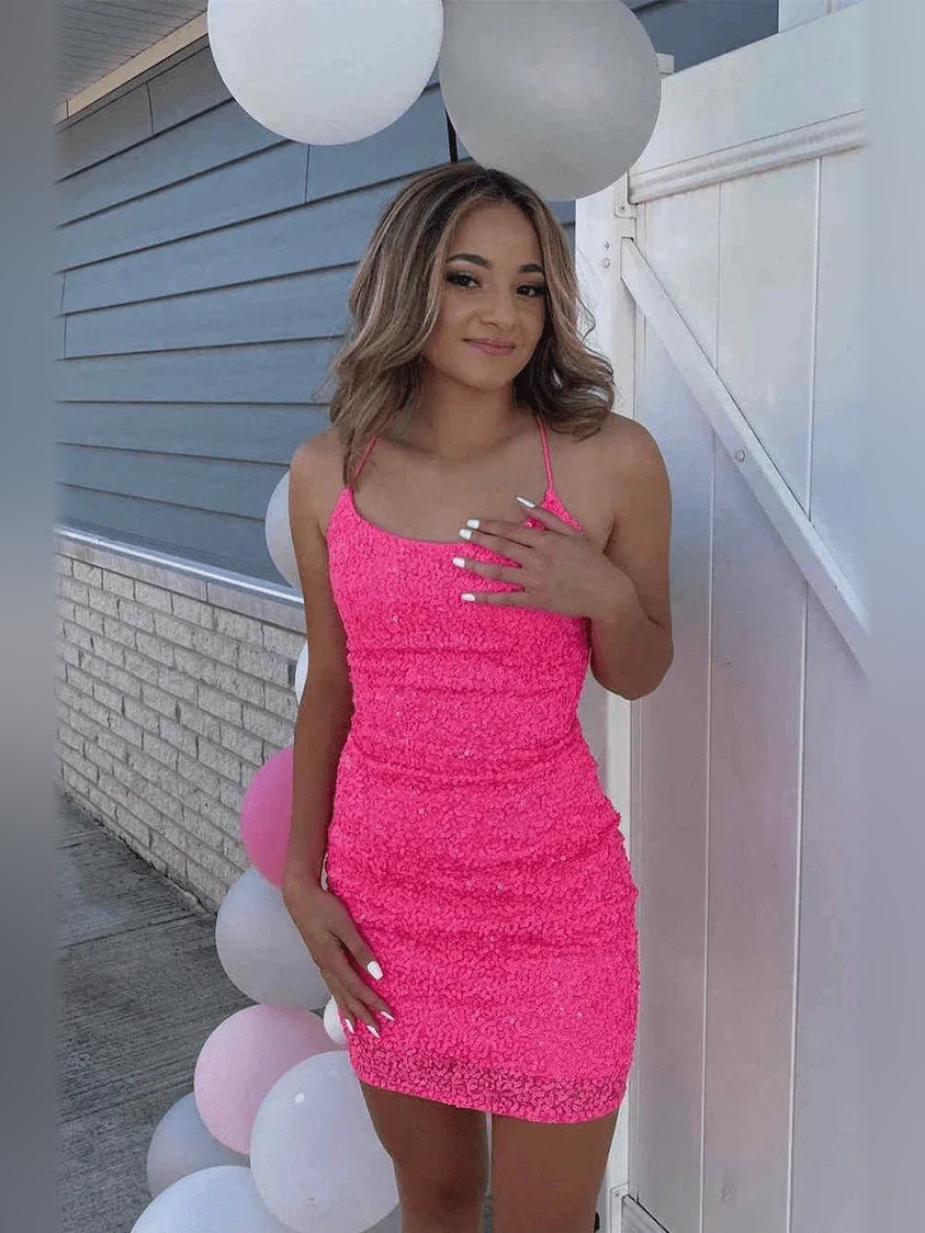Hot Pink mini homecoming dress, alternate view showing the overall dress design
