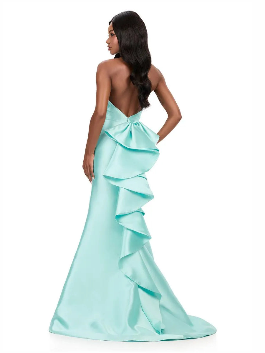 Red a-line floor-length formal dress with corset-style bodice, alternate view