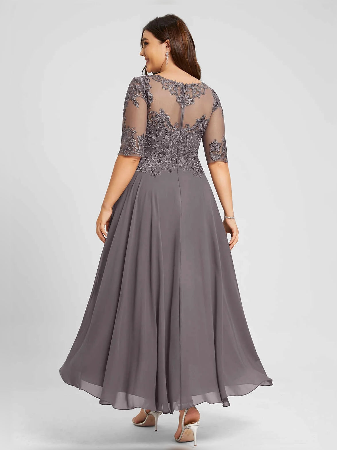 Purple midi mother of the bride dress, alternate view showing the overall dress design