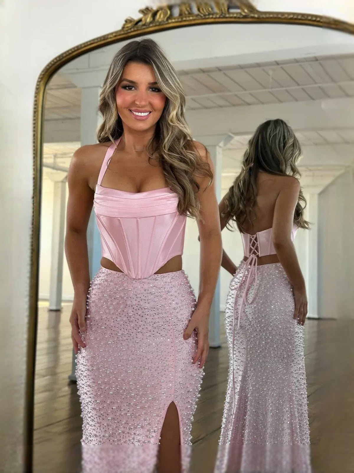 Blush Pink floor-length prom dress, alternate view showing the overall dress design