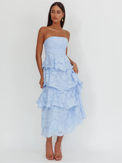 Blue midi formal dress with floral print, alternate view showing the waist