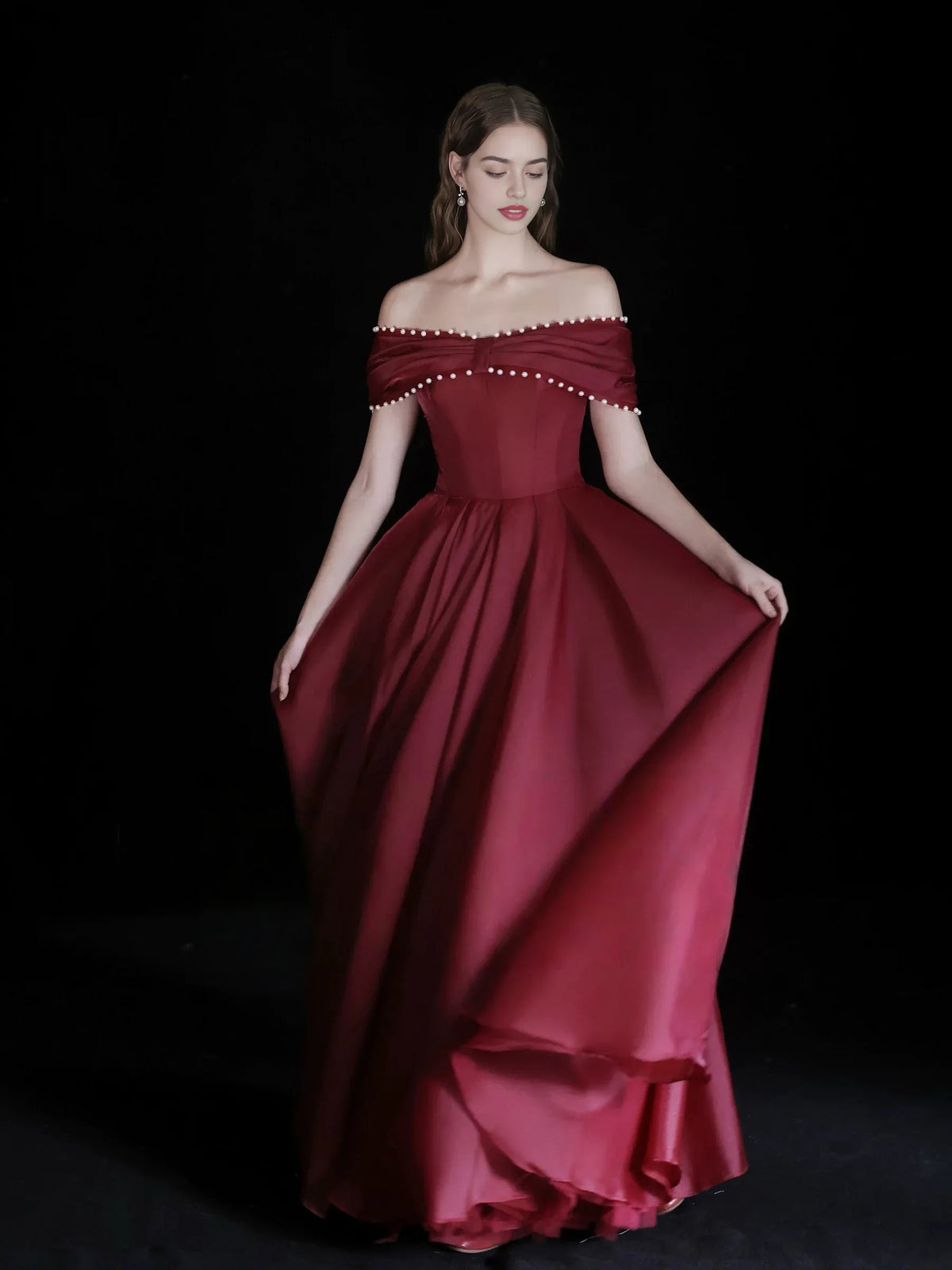 Burgundy a-line floor-length formal dress with beading, alternate view